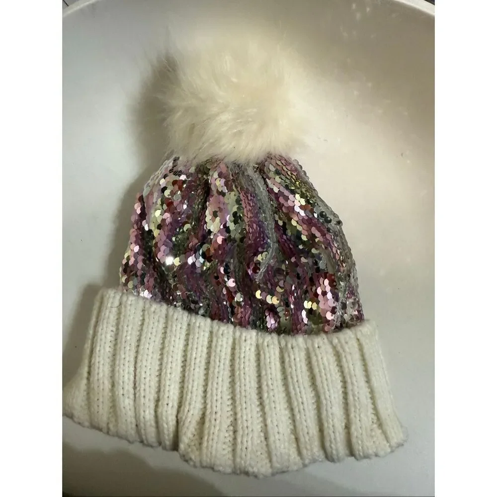 Tucker + Tate Kids Sparkle Sequins Rib Knit Pom Beanie Hat Purple White One Size
